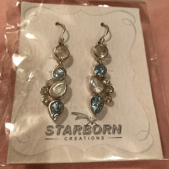 Starborn Blue Topaz Rainbow Moonstone Earrings - Picture 1 of 3